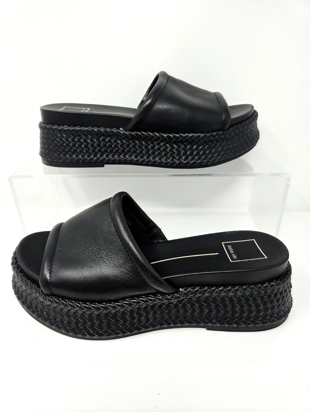Dolce Vita Black Platform Slide Sandals Woven Wedge Leather 7.5